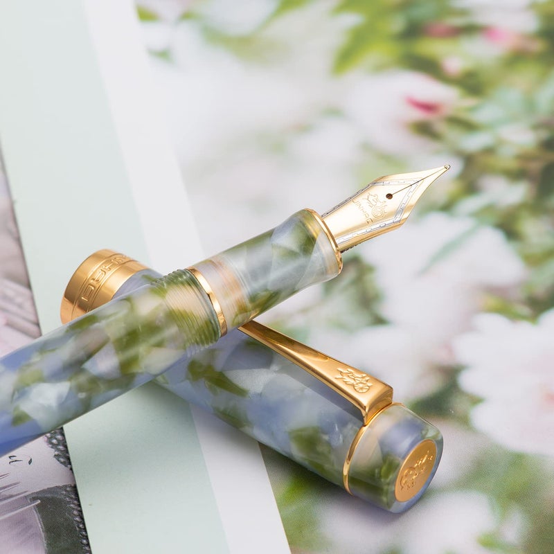 Lanxivi Jinhao Classic Fountain Pen Blue Green Celluloid, Medium Nib with Conveter and Pen Case Set - Image 5