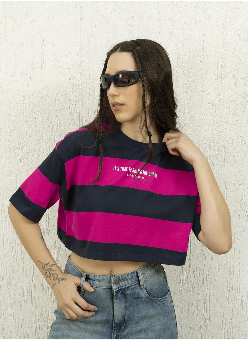 هوبرهولمي Multicolour Striped Pattern Boxy Round Neck Half Sleeve T-Shirt for Women