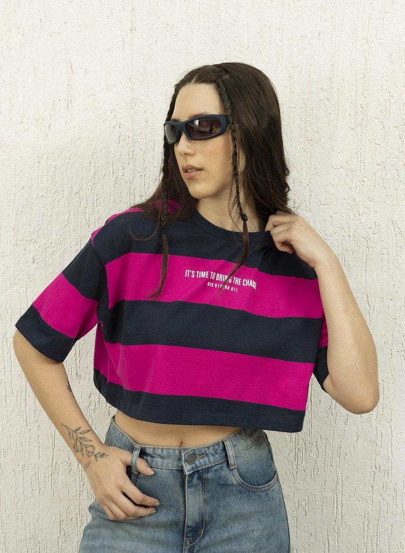 هوبرهولمي تيشيرت نسائي مخطط بألوان متعددة بياقة مستديرة وأكمام قصيرة - Image 1