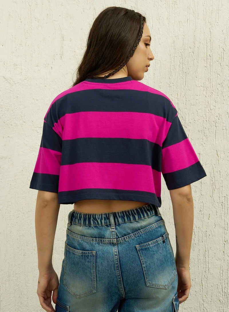 Hubberholme  Multicolour Striped Pattern Boxy Round Neck Half Sleeve T-Shirt for Women for Women | Best Price UAE