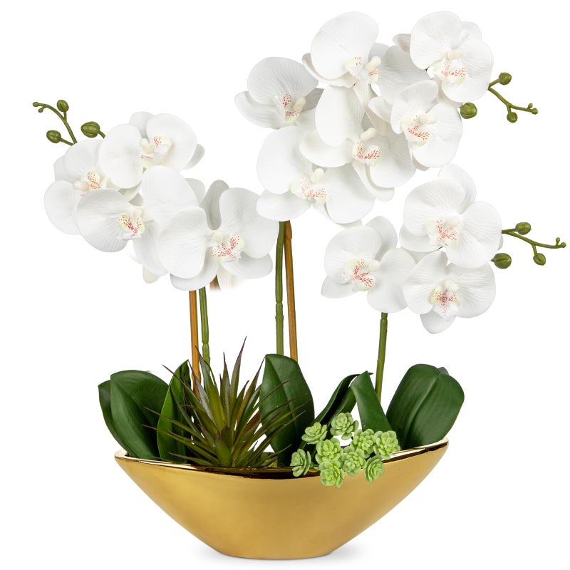 Briful Orchid Artificial Flowers 17in White Fake Orchid Silk Flowers with Gold Ceramic Pot Faux Orchid Arrangement for Home Office Room Coffee Table Centerpiece Modern Decoration - Image 1