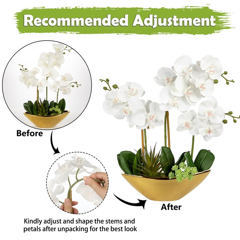Briful Orchid Artificial Flowers 17in White Fake Orchid Silk Flowers with Gold Ceramic Pot Faux Orchid Arrangement for Home Office Room Coffee Table Centerpiece Modern Decoration - Image 4