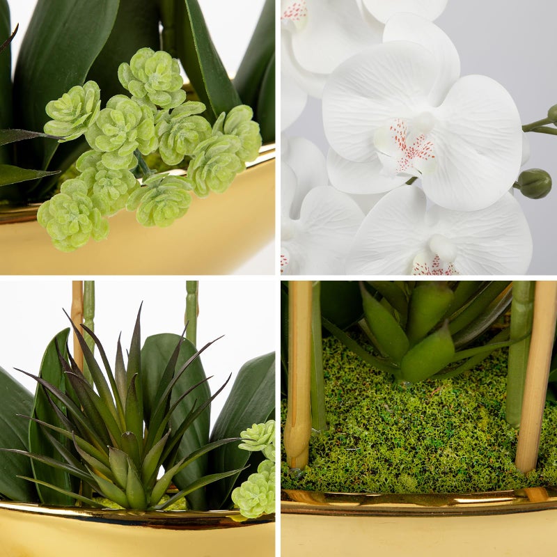 Briful Orchid Artificial Flowers 17in White Fake Orchid Silk Flowers with Gold Ceramic Pot Faux Orchid Arrangement for Home Office Room Coffee Table Centerpiece Modern Decoration - Image 3