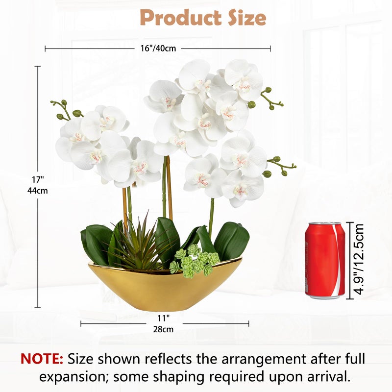 Briful Orchid Artificial Flowers 17in White Fake Orchid Silk Flowers with Gold Ceramic Pot Faux Orchid Arrangement for Home Office Room Coffee Table Centerpiece Modern Decoration - Image 2