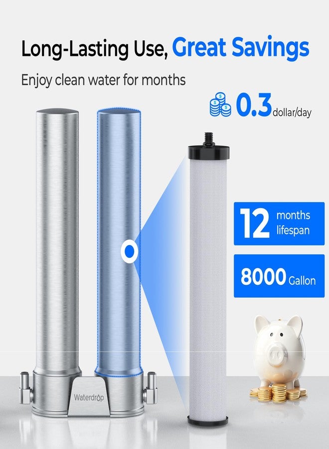 ووتر دروب فلتر مياه Waterdrop WD-DSC2 أسفل الحوض، بديل لنظام ترشيح المياه Waterdrop DST المصنوع من الفولاذ المقاوم للصدأ أسفل الحوض، فلاتر مياه بديلة، تقلل الكلور، عمر افتراضي طويل يصل إلى 12 شهرًا - Image 4