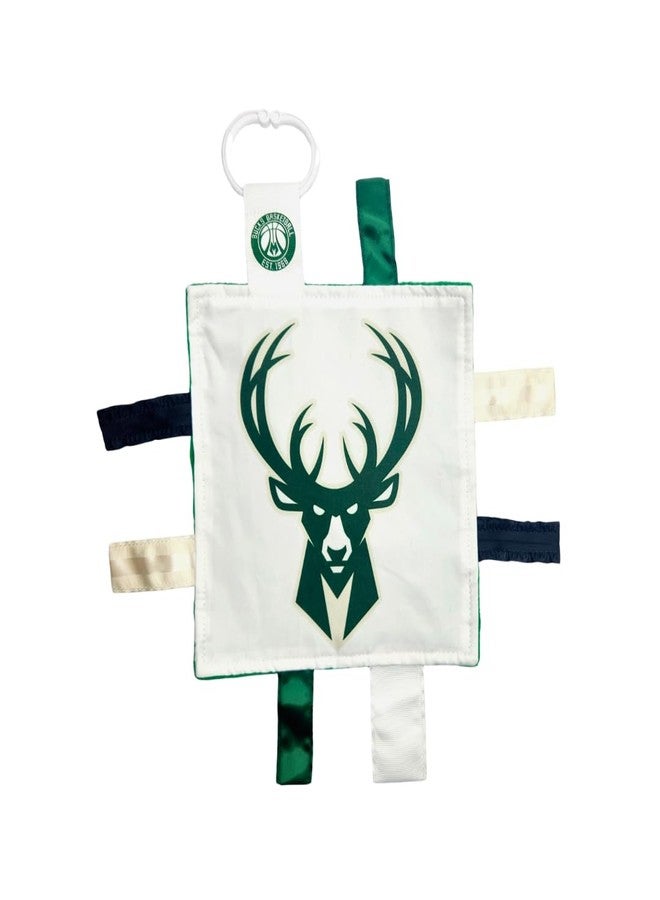 The Learning Lovey Milwaukee Bucks Baby 8x8” Tag Toy - NBA Basketball - Baby Sensory Crinkle Toys - Soft & Safe - Ideal Baby Stroller Toy - BPA Free w/Stroller Clip (8" x 8" Tag Toy) - Image 1