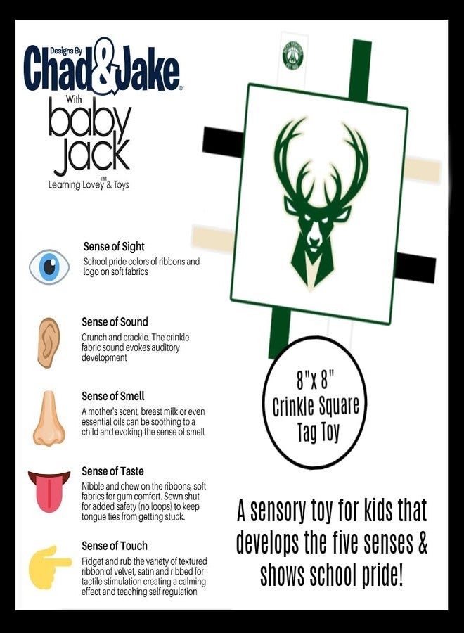 The Learning Lovey Milwaukee Bucks Baby 8x8” Tag Toy - NBA Basketball - Baby Sensory Crinkle Toys - Soft & Safe - Ideal Baby Stroller Toy - BPA Free w/Stroller Clip (8" x 8" Tag Toy) - Image 3