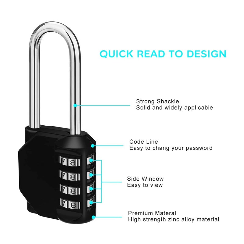 JUSTAKEIT 4 Digit Combination Lock, Heavy Duty Long Padlock, Black, Suitable for Lockers, Fence, Suitcase - Image 3