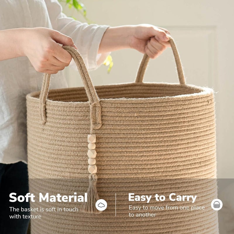 Fohome Laundry Hamper Basket, 58L Tall Woven Rope Baby Nursery Hamper with Handles, Foldable Laundry Basket for Blanket Storage, Clothes, Decorative Storage Basket (A) - Image 5