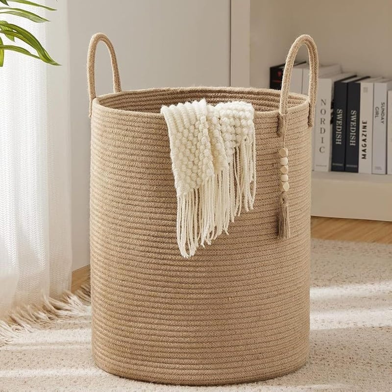 Fohome Laundry Hamper Basket, 58L Tall Woven Rope Baby Nursery Hamper with Handles, Foldable Laundry Basket for Blanket Storage, Clothes, Decorative Storage Basket (A) - Image 1