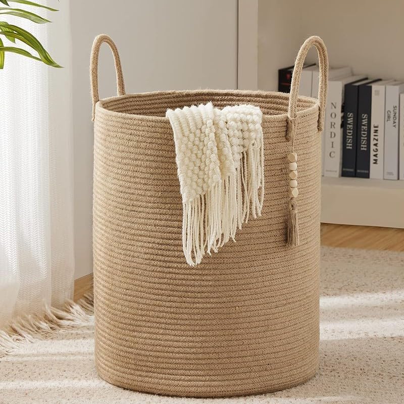 Fohome Laundry Hamper Basket, 58L Tall Woven Rope Baby Nursery Hamper with Handles, Foldable Laundry Basket for Blanket Storage, Clothes, Decorative Storage Basket (A) - Image 2