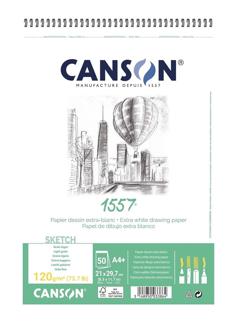 CANSON A4 Size Spiral Sketch Pad With Extra White 50 Sheets 120gsm Thickness - Image 1