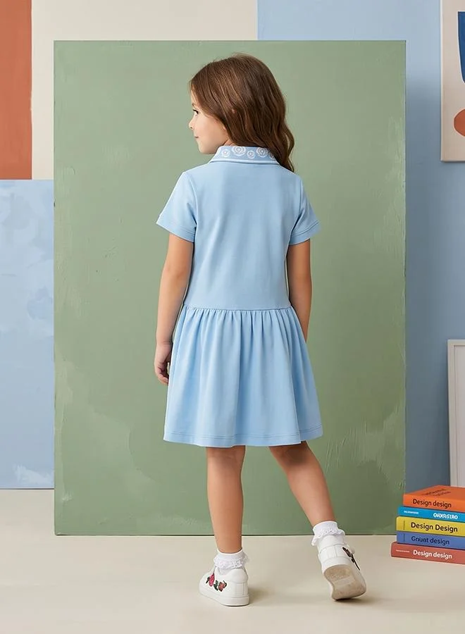 أطفال وأكثر Babies & More Toddler Girls Blue Short Sleeve Collar Dress