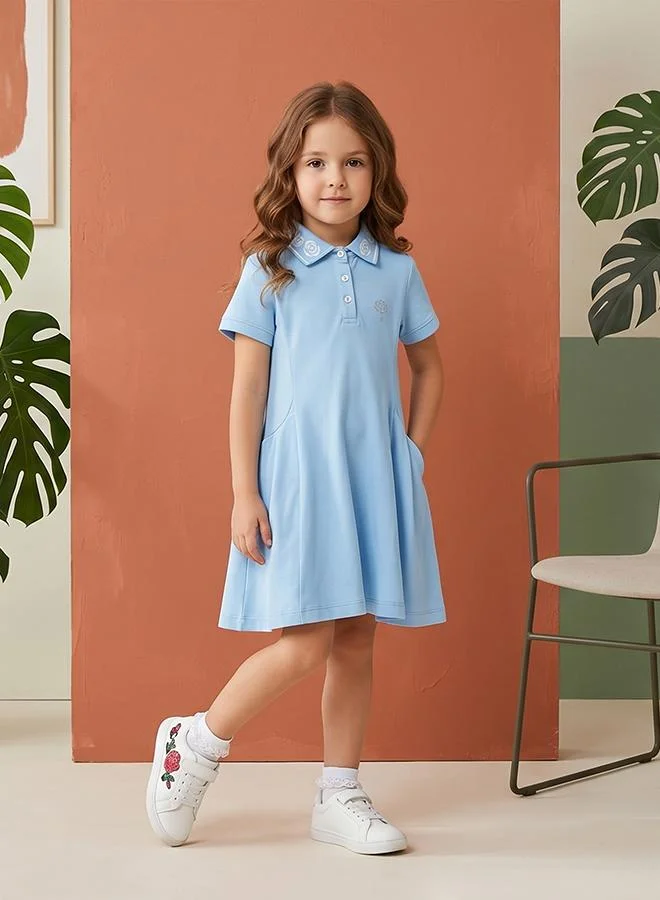أطفال وأكثر Babies & More Toddler Girls Blue Short Sleeve Collar Dress