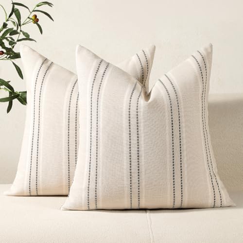 Hckot Throw Pillow Covers 20x20 Set of 2 Striped Pillow Covers Textured Linen Decorative Pillows Square Cushion Covers for Sofa Couch Bed Living Room Farmhouse Decor, Grey - Image 1