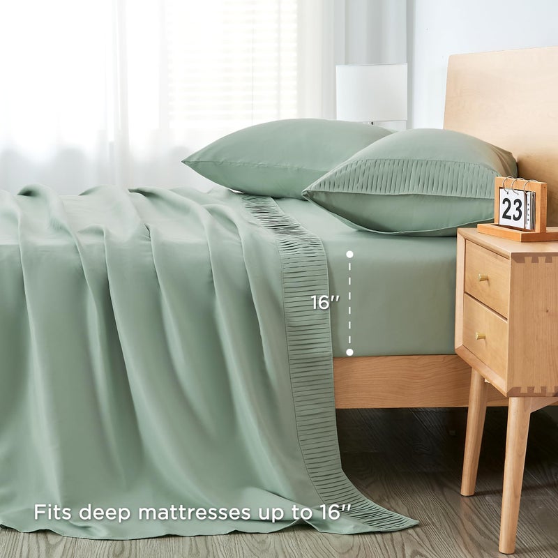 Andency Sage Sage Green Sheets Queen مجموعة 4 قطع من أوراق ناعمة للغاية لملكة كوين سرير ميكروفيال كوين ورقة جيب عميق يصل إلى 16 "" فندق فاخرة من أوراق الفراش والتبريد - Image 4