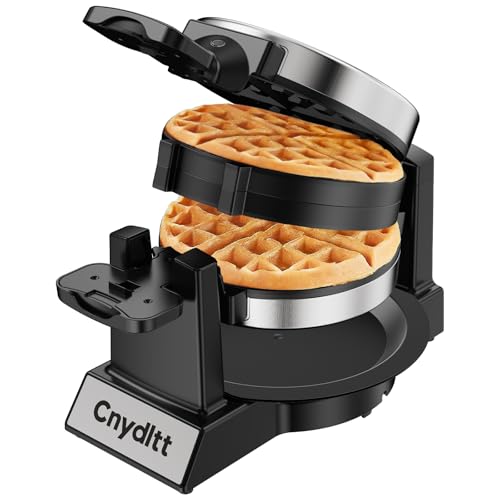 Cnydltt Double Waffle Maker, 1400W Rotating Belgian Waffle Iron with Nonstick Plates, 180° Flip, 8-Slice, Removable Drip Tray, Locking Lid & Cool Touch Handles, Stainless, Black - Image 1