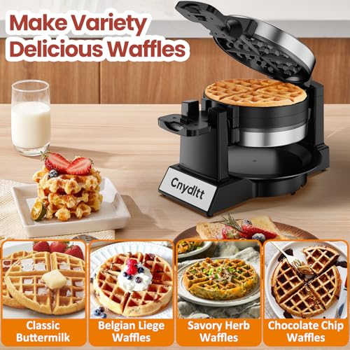 Cnydltt Double Waffle Maker, 1400W Rotating Belgian Waffle Iron with Nonstick Plates, 180° Flip, 8-Slice, Removable Drip Tray, Locking Lid & Cool Touch Handles, Stainless, Black - Image 3