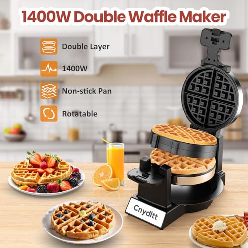 Cnydltt Double Waffle Maker, 1400W Rotating Belgian Waffle Iron with Nonstick Plates, 180° Flip, 8-Slice, Removable Drip Tray, Locking Lid & Cool Touch Handles, Stainless, Black - Image 2