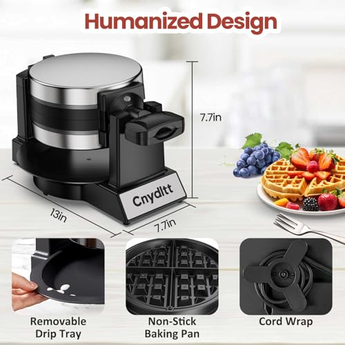 Cnydltt Double Waffle Maker, 1400W Rotating Belgian Waffle Iron with Nonstick Plates, 180° Flip, 8-Slice, Removable Drip Tray, Locking Lid & Cool Touch Handles, Stainless, Black - Image 4