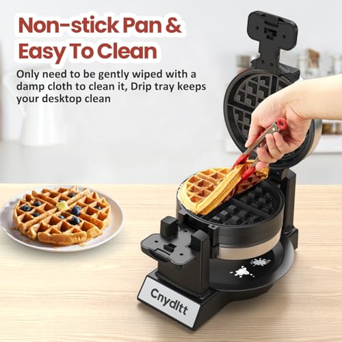 Cnydltt Double Waffle Maker, 1400W Rotating Belgian Waffle Iron with Nonstick Plates, 180° Flip, 8-Slice, Removable Drip Tray, Locking Lid & Cool Touch Handles, Stainless, Black - Image 5