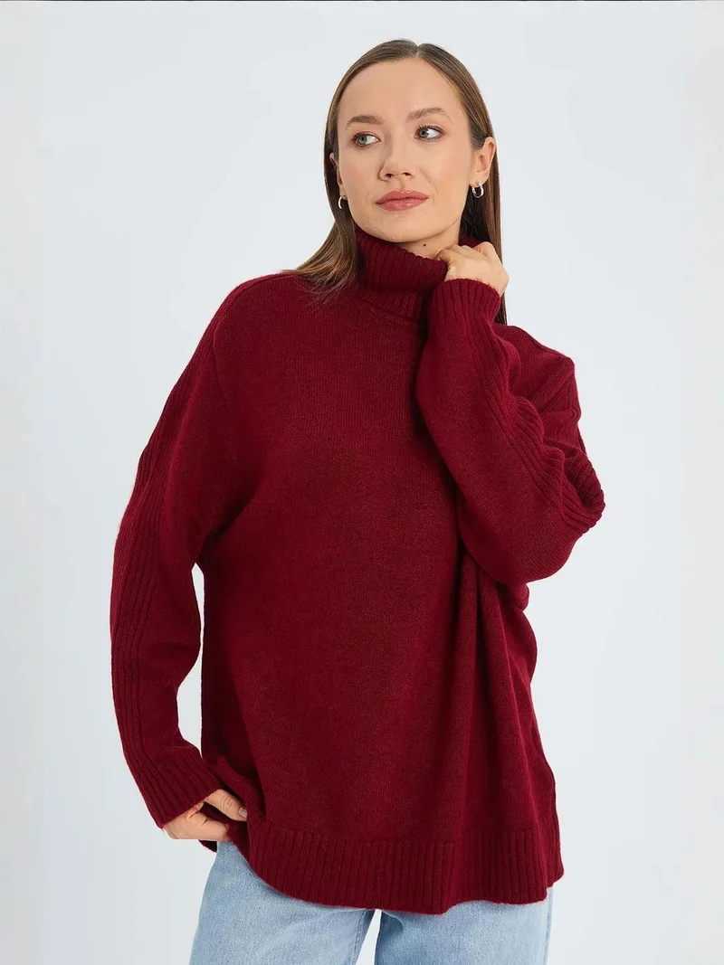 MixRay Burgundy Red Mixray Loose Fit Turtleneck Knit Sweater for Women | Best Price UAE