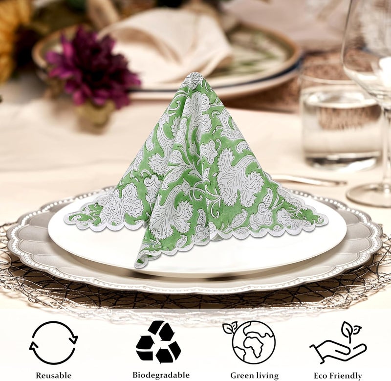 Ridhi Hand Block Print Sage Green 18 x 18 Set of 4 Embriodery Table Napkins Reusable Cotton Dinner Napkins for Weddings Parties Everyday Dining Gift for Spring Easter Valentine - Image 3