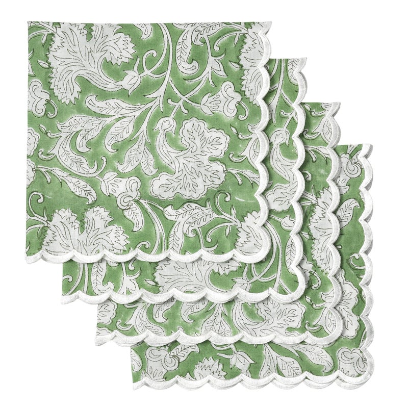 Ridhi Hand Block Print Sage Green 18 x 18 Set of 4 Embriodery Table Napkins Reusable Cotton Dinner Napkins for Weddings Parties Everyday Dining Gift for Spring Easter Valentine - Image 1