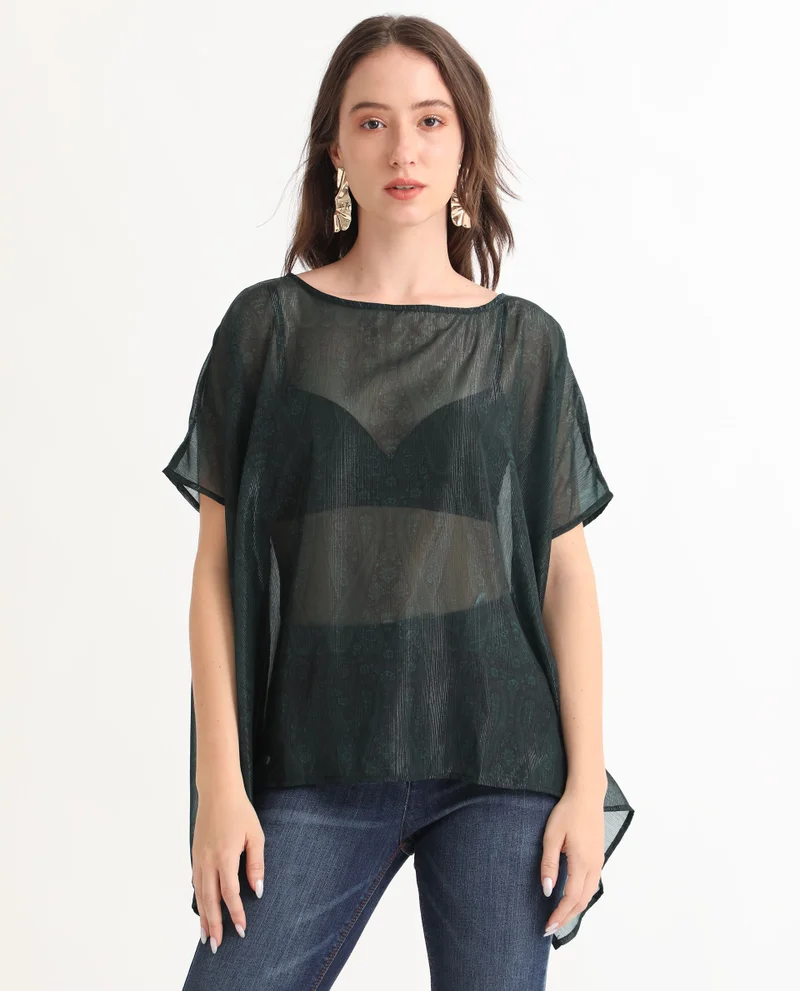 Rareism Women's Elegant Paisley Boat Neck Top