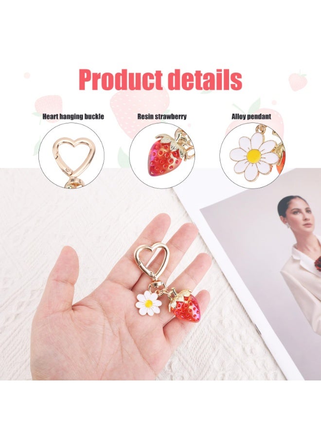 PAWSONIFY 2pcs Cute Strawberry Keychains, Kawaii Heart Rabbit Daisy Flower Keyrings Fruit Key Chain Purse Bag Charm Accessories for Girls Women - Image 3