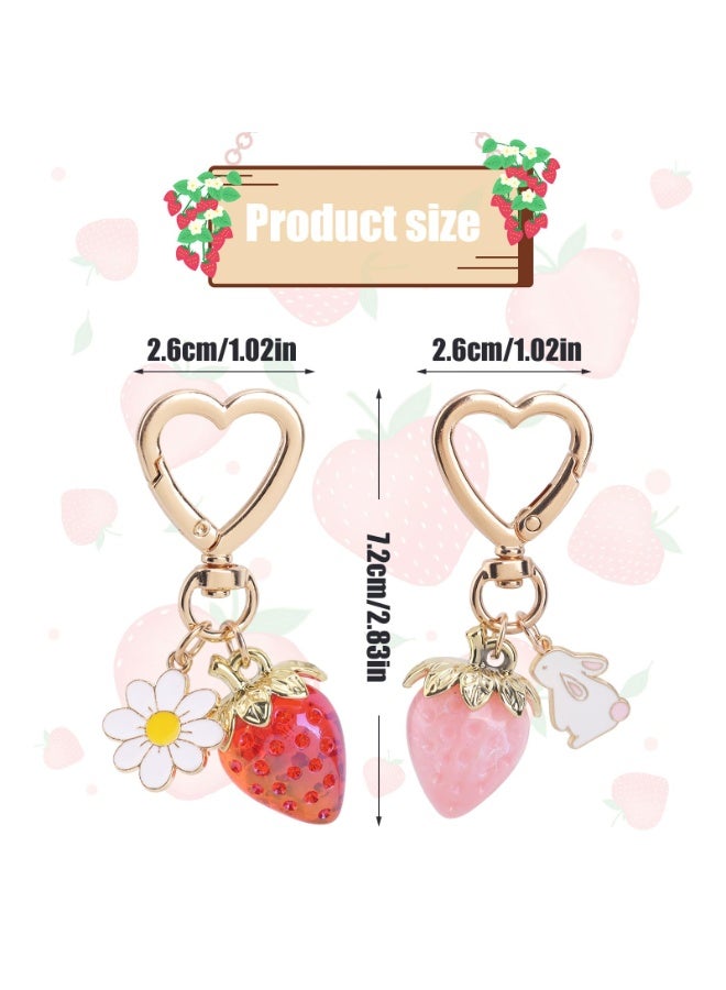 PAWSONIFY 2pcs Cute Strawberry Keychains, Kawaii Heart Rabbit Daisy Flower Keyrings Fruit Key Chain Purse Bag Charm Accessories for Girls Women - Image 2