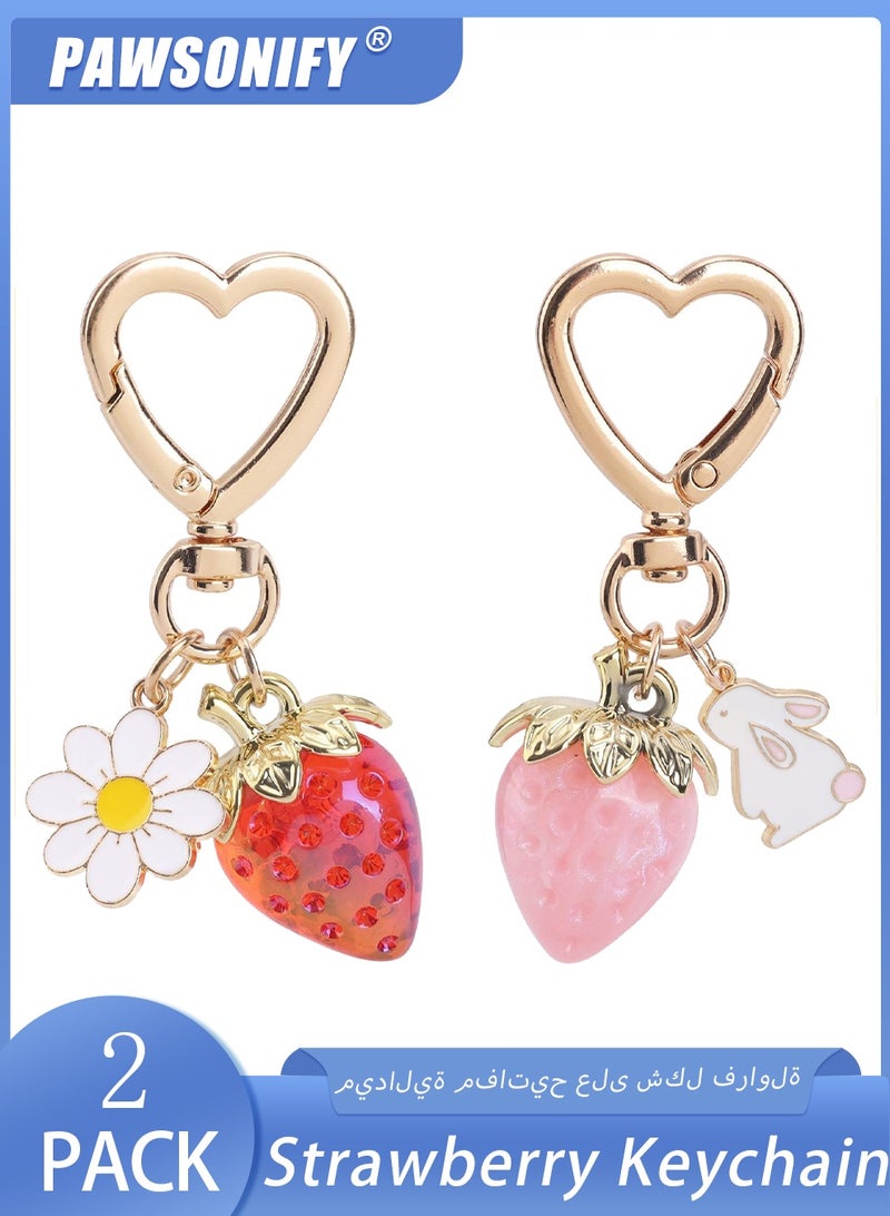 PAWSONIFY 2pcs Cute Strawberry Keychains, Kawaii Heart Rabbit Daisy Flower Keyrings Fruit Key Chain Purse Bag Charm Accessories for Girls Women - Image 1