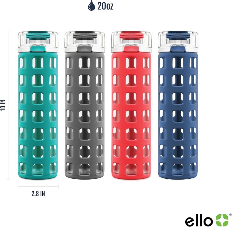 Ello Syndicate 20oz Reusable Glass Water Bottle with One-Touch Leak Proof Flip Lid and Protective Non-Slip Silicone Sleeve and Carry Loop for Coffee, Tea and Water, BPA-free Dishwasher Safe, Bold Blue - Image 3