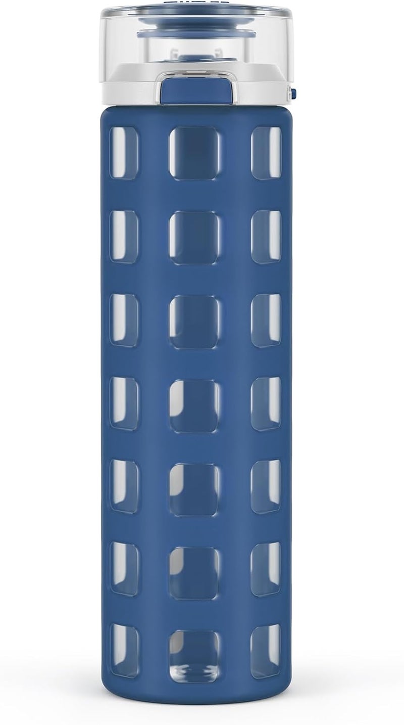 Ello Syndicate 20oz Reusable Glass Water Bottle with One-Touch Leak Proof Flip Lid and Protective Non-Slip Silicone Sleeve and Carry Loop for Coffee, Tea and Water, BPA-free Dishwasher Safe, Bold Blue - Image 1