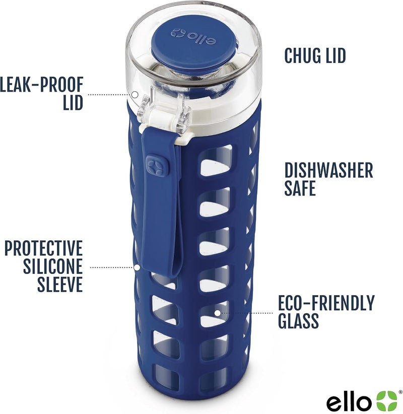 Ello Syndicate 20oz Reusable Glass Water Bottle with One-Touch Leak Proof Flip Lid and Protective Non-Slip Silicone Sleeve and Carry Loop for Coffee, Tea and Water, BPA-free Dishwasher Safe, Bold Blue - Image 2