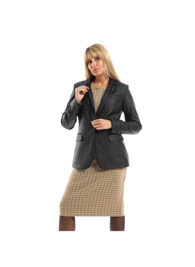 Esla Elegant One Button Leather Blazer - Black  - Image 2