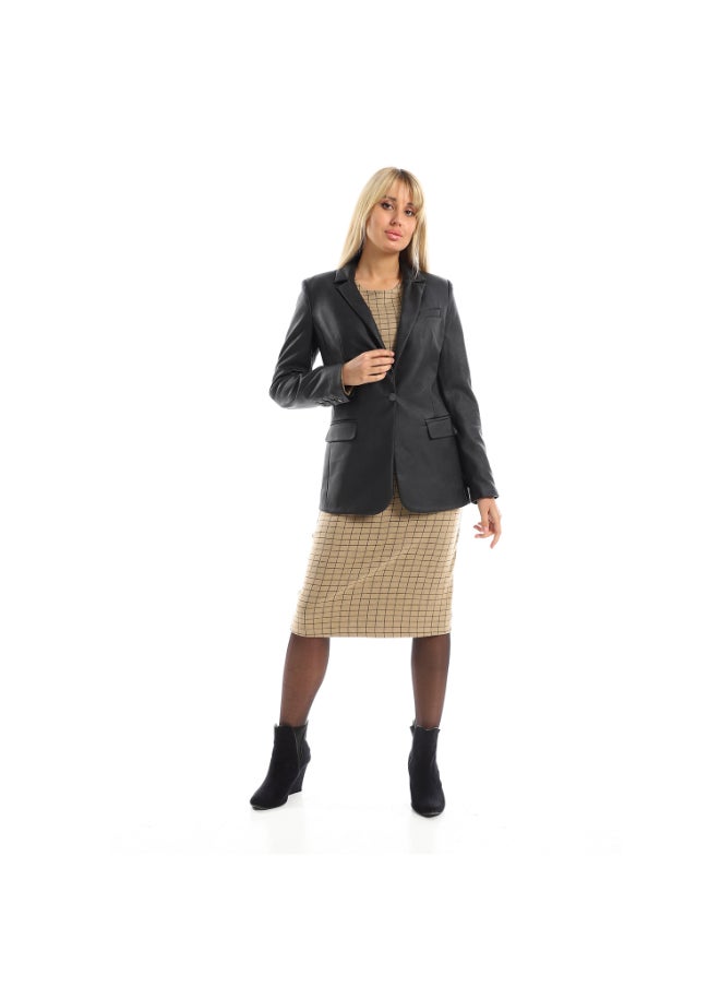 Esla Elegant One Button Leather Blazer - Black  - Image 1