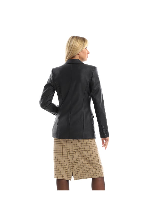 Esla Elegant One Button Leather Blazer - Black  - Image 3