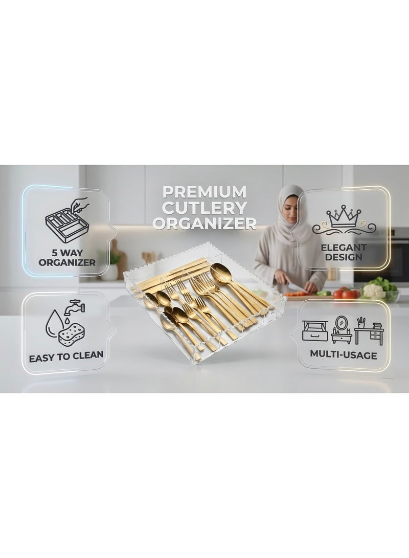 بيتى صندوق منظم أدوات المائدة من الأكريليك الشفاف بلون خشب البتولا مع مقبض كريستالي، حاوية تخزين أدوات المطبخ، تصميم موفر للمساحة بخمسة جوانب - Image 3