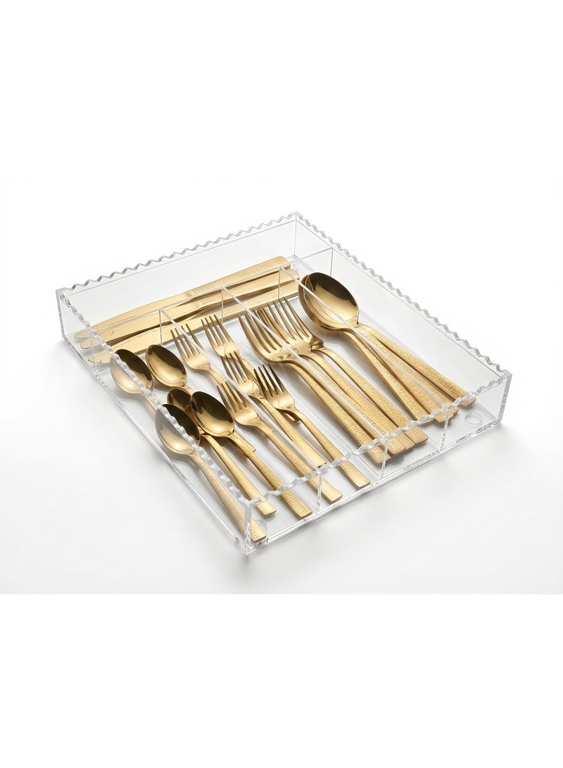 بيتى صندوق منظم أدوات المائدة من الأكريليك الشفاف بلون خشب البتولا مع مقبض كريستالي، حاوية تخزين أدوات المطبخ، تصميم موفر للمساحة بخمسة جوانب - Image 1