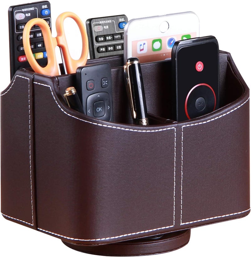 PUSU Remote Control Holder PU Leather 360 Degrees Rotatable Desktop Supply Organizer Storage Box for Controllers Media Stationery Nightstand TV Caddy E-reader iPad Phone Pen/Pencil Cosmetic(Brown) - Image 1