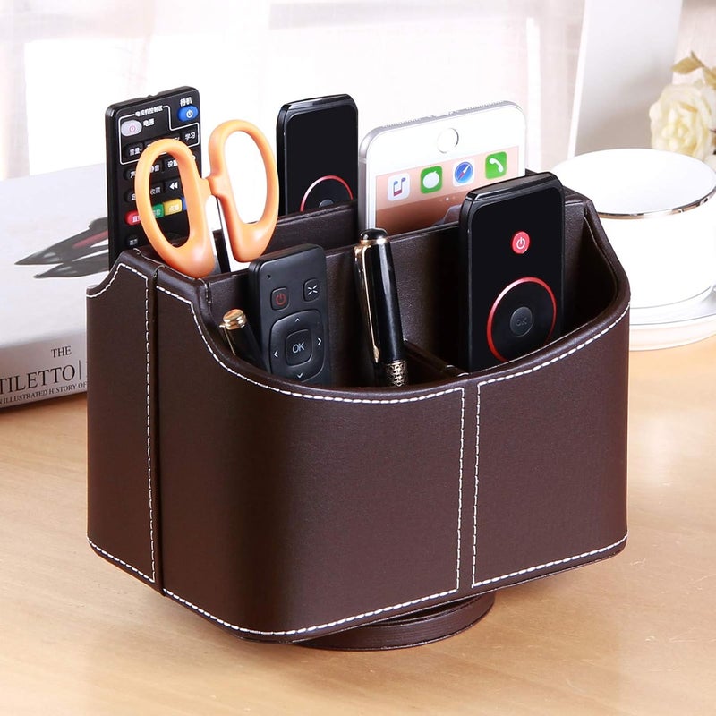 PUSU Remote Control Holder PU Leather 360 Degrees Rotatable Desktop Supply Organizer Storage Box for Controllers Media Stationery Nightstand TV Caddy E-reader iPad Phone Pen/Pencil Cosmetic(Brown) - Image 2