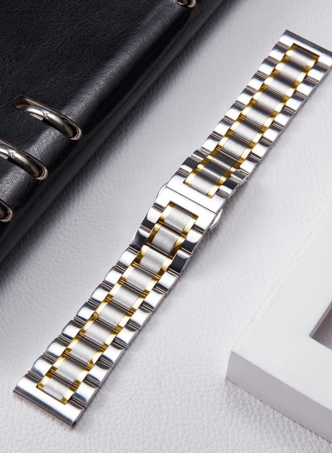 Binlun Stainless Steel Watch Bands 12mm-24mm Replacement Smart Watch Straps with Straight&Curved Ends Universal fit for Samsung Galaxy Watch 6/5/4/3,Fit for Garmin Watch(Silver-Gold,22mm) - Image 2