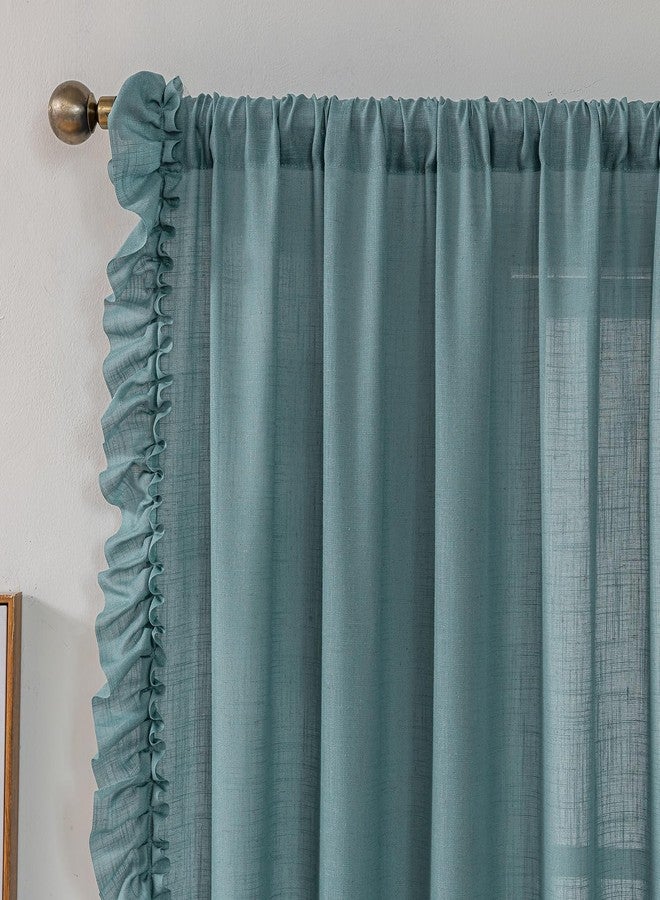 TERLYTEX Stone Blue Ruffle Curtains 84 Inches Long 2 Panels, 58 x 84 Inch, Linen Textured Flowy Window Curtains for Living Room Bedroom Rod Pocket Privacy Light Filtering Semi-Sheer Ruffled Curtain - Image 3