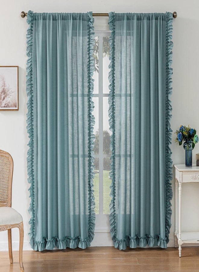 TERLYTEX Stone Blue Ruffle Curtains 84 Inches Long 2 Panels, 58 x 84 Inch, Linen Textured Flowy Window Curtains for Living Room Bedroom Rod Pocket Privacy Light Filtering Semi-Sheer Ruffled Curtain - Image 2