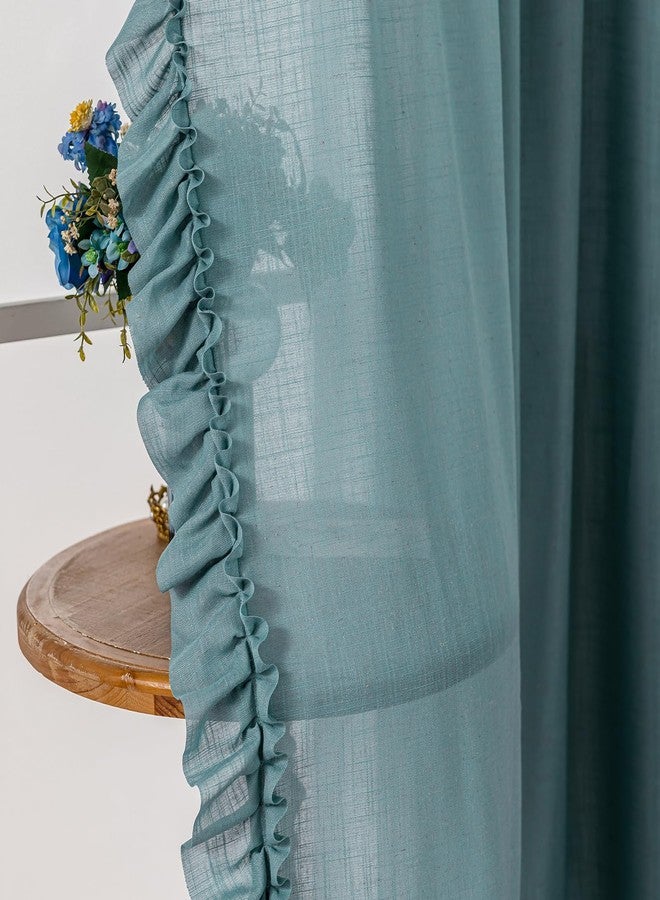 TERLYTEX Stone Blue Ruffle Curtains 84 Inches Long 2 Panels, 58 x 84 Inch, Linen Textured Flowy Window Curtains for Living Room Bedroom Rod Pocket Privacy Light Filtering Semi-Sheer Ruffled Curtain - Image 4