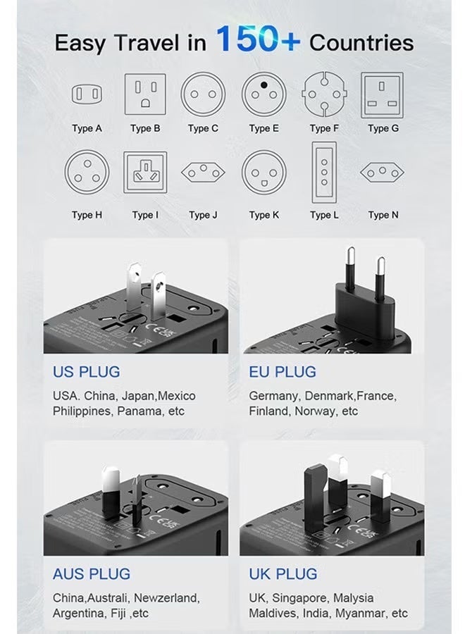WINSEE محول طاقة سفر عالمي دولي، 5 في 1 محول سفر أوروبي مع شاحن حائط 3.5A 2xUSB-A و 2xUSB C ومخرج AC عالمي لأوروبا والولايات المتحدة والمملكة المتحدة وأستراليا وآسيا باللون الأسود - Image 2
