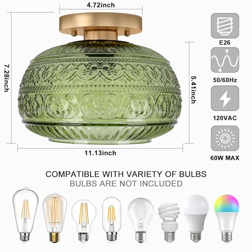 OYKYOHEI Semi Flush Mount Ceiling Light Fixture, 11" Vintage Gold Hallway Lights Fixture Ceiling with Green Glass for Kitchen, Hallway, Bathroom and Entry Way,Compatible with E26 Light Bulb - Image 3