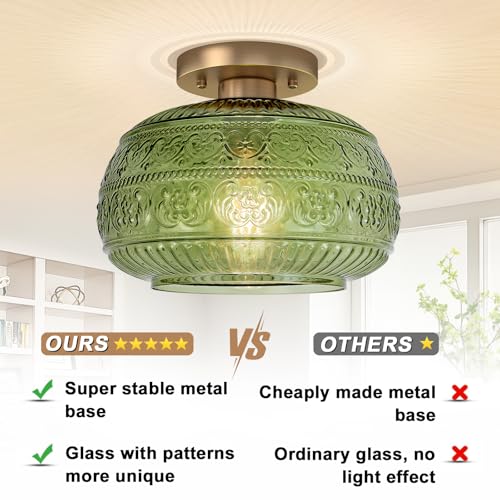 OYKYOHEI Semi Flush Mount Ceiling Light Fixture, 11" Vintage Gold Hallway Lights Fixture Ceiling with Green Glass for Kitchen, Hallway, Bathroom and Entry Way,Compatible with E26 Light Bulb - Image 2
