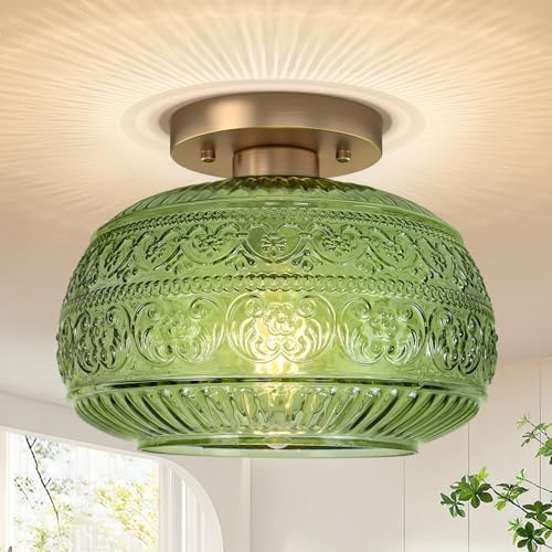OYKYOHEI Semi Flush Mount Ceiling Light Fixture, 11" Vintage Gold Hallway Lights Fixture Ceiling with Green Glass for Kitchen, Hallway, Bathroom and Entry Way,Compatible with E26 Light Bulb - Image 1